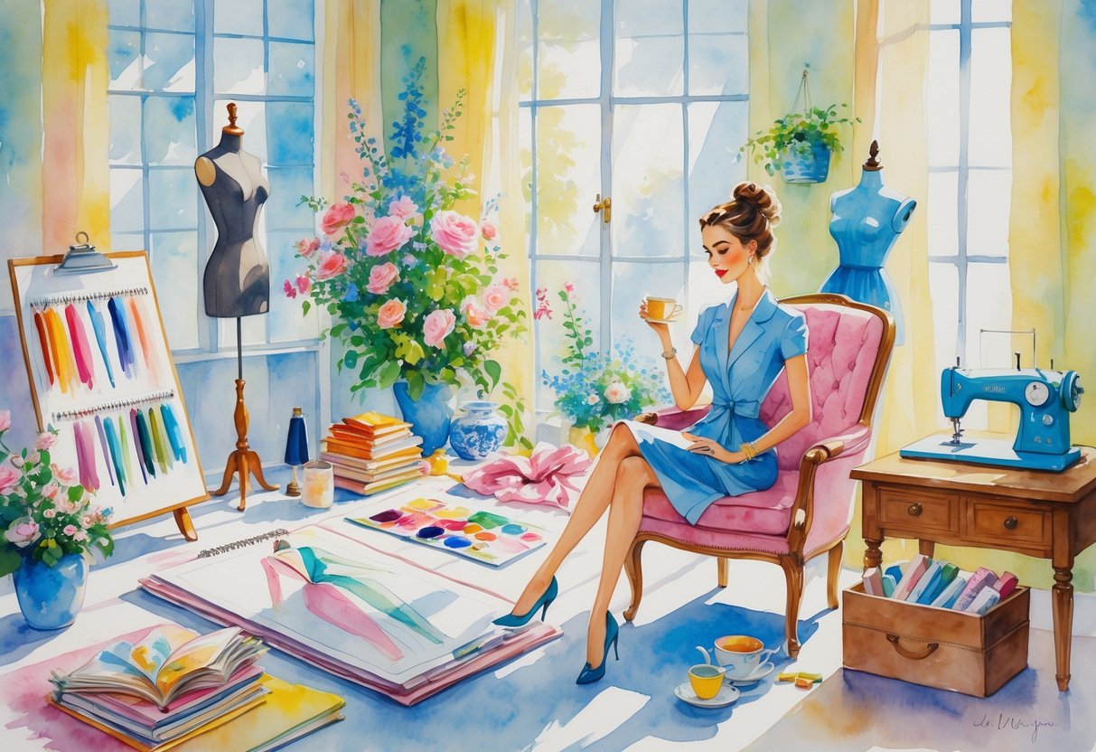A woman in a fashion studio engaged in hobbies like sketching, gardening, reading, and sewing surrounded by fashion-related items.