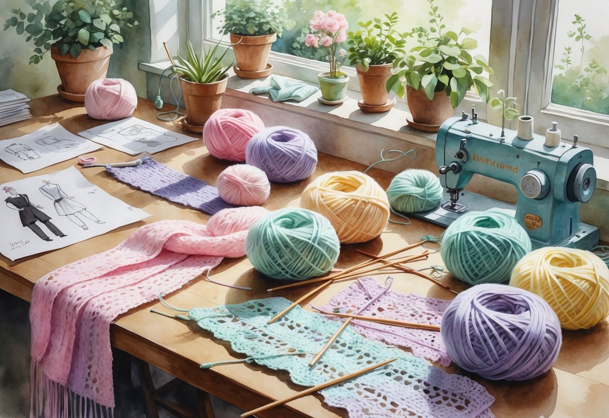A cozy workspace with colorful yarn, knitting needles, crochet hooks, fashion sketches, and fabric swatches on a wooden table.
