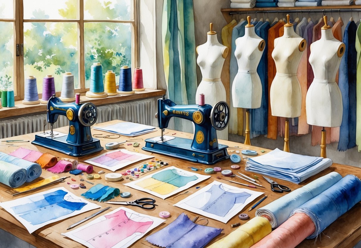 A sewing workspace with sewing machines, fabric, measuring tapes, sketches, and mannequins displaying garments.