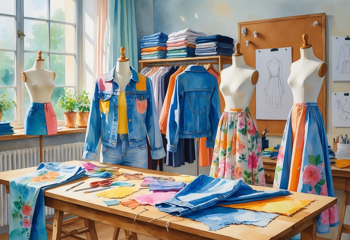 A bright studio with a table covered in fabric scraps and sewing tools, mannequins wearing repurposed clothing, and shelves with folded clothes and sketches.