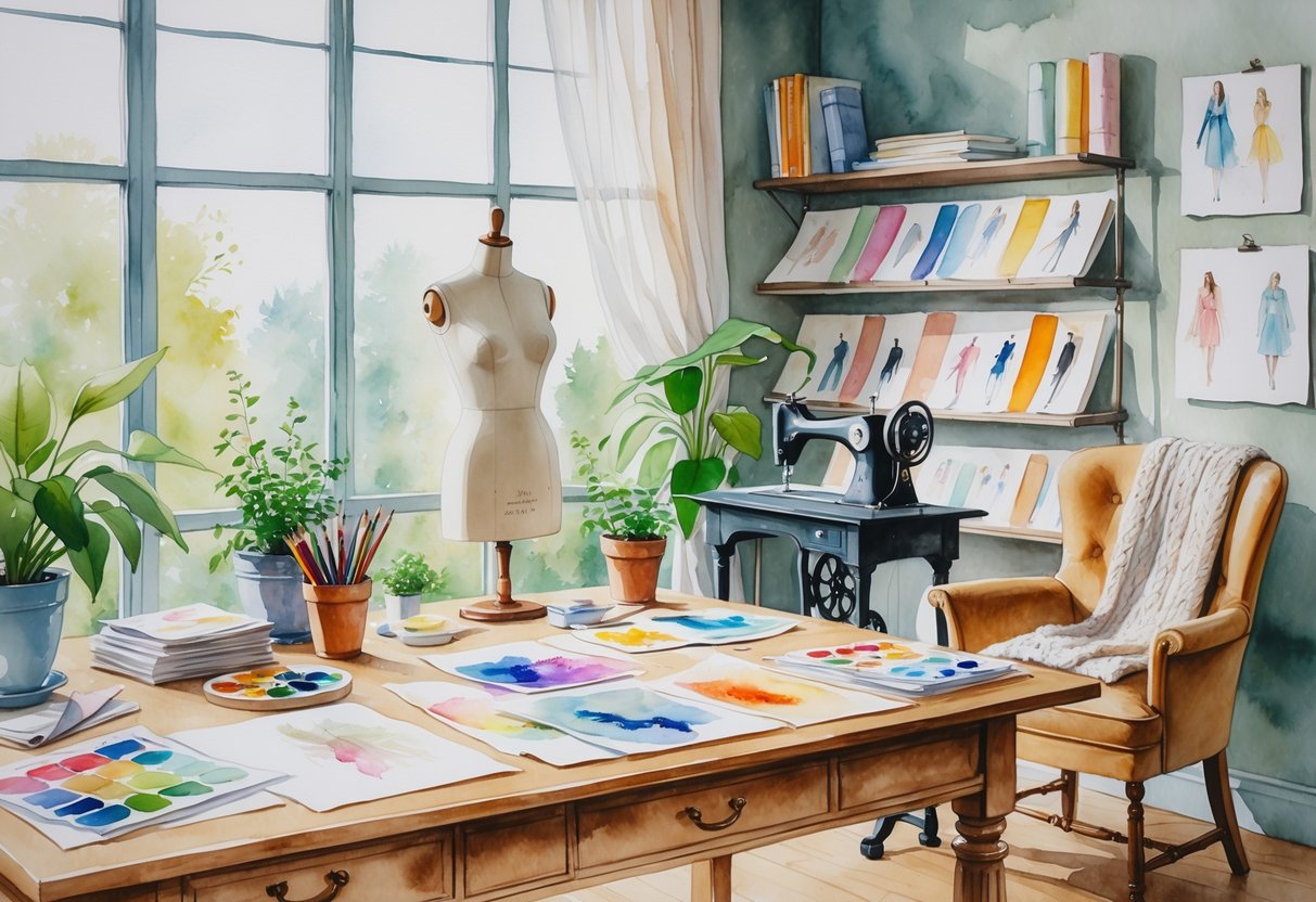 A creative workspace with fashion sketches, fabric swatches, a mannequin with garments, a sewing machine, plants, and a cozy chair with knitting supplies.