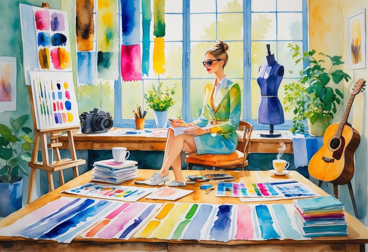 A fashion designer sitting at a table surrounded by sketches, fabric swatches, a sewing mannequin, painting supplies, a camera, books, a cup of tea, a plant, and a guitar in a bright, cozy workspace.