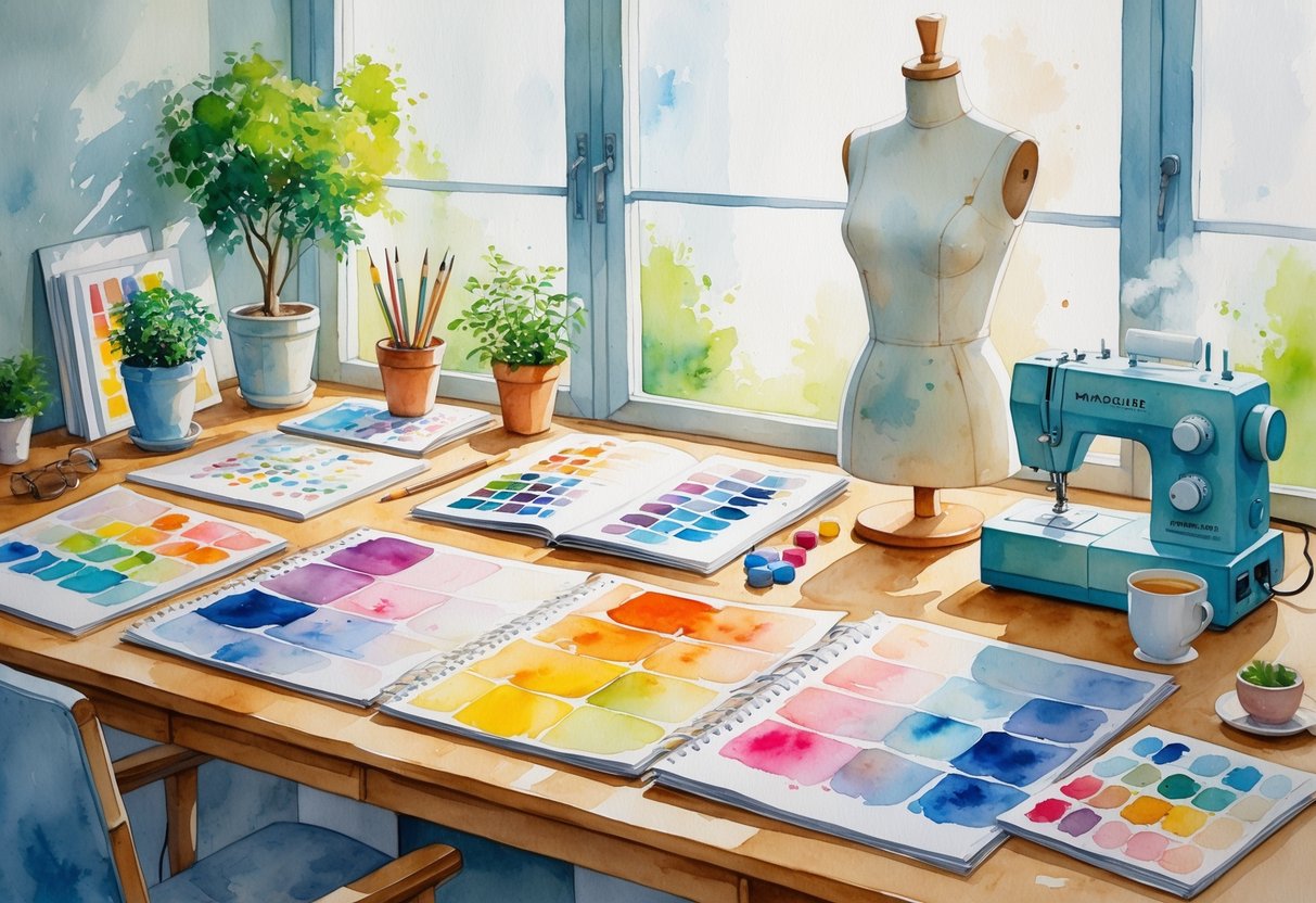 A creative workspace with fabric swatches, fashion sketches, a sewing machine, a mannequin, knitting needles, a camera, and a cup of tea on a wooden desk near a window.