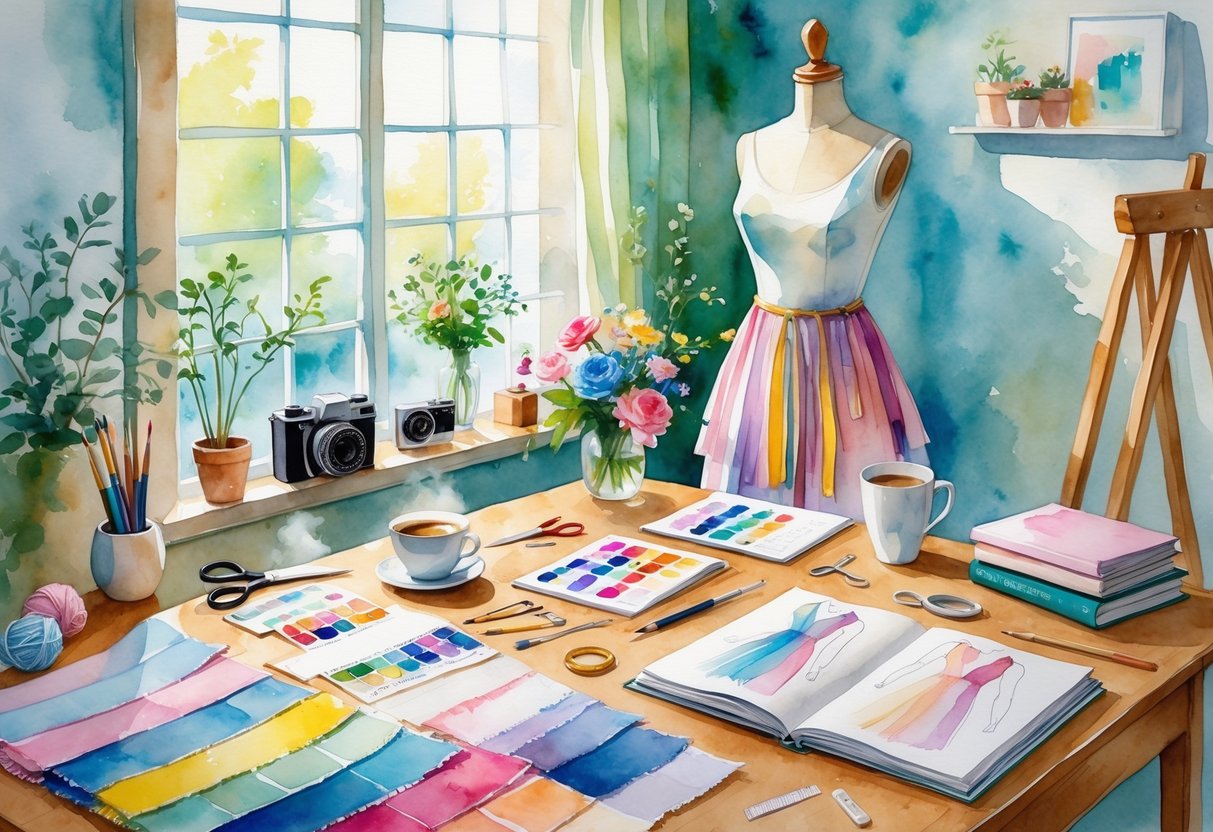 A cozy workspace with sewing tools, fabric swatches, sketches, a mannequin with a garment, and various hobby items like art supplies, a camera, a book, plants, and knitting needles.