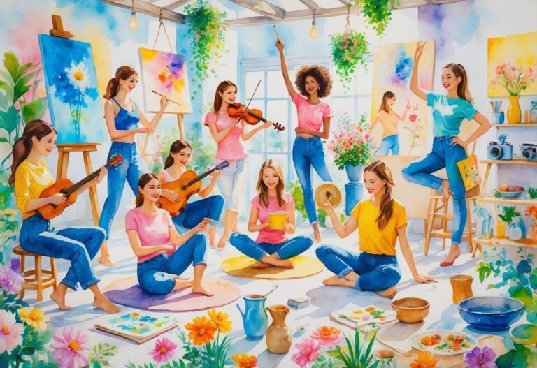 A group of models enjoying different creative activities like painting, playing instruments, writing, yoga, gardening, pottery, photography, dancing, sketching, and cooking in a bright studio.