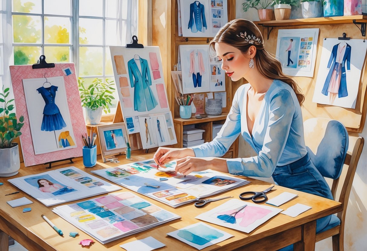 A person sitting at a table arranging photos and craft materials to create a scrapbook, surrounded by art supplies and completed scrapbook pages in a cozy studio.