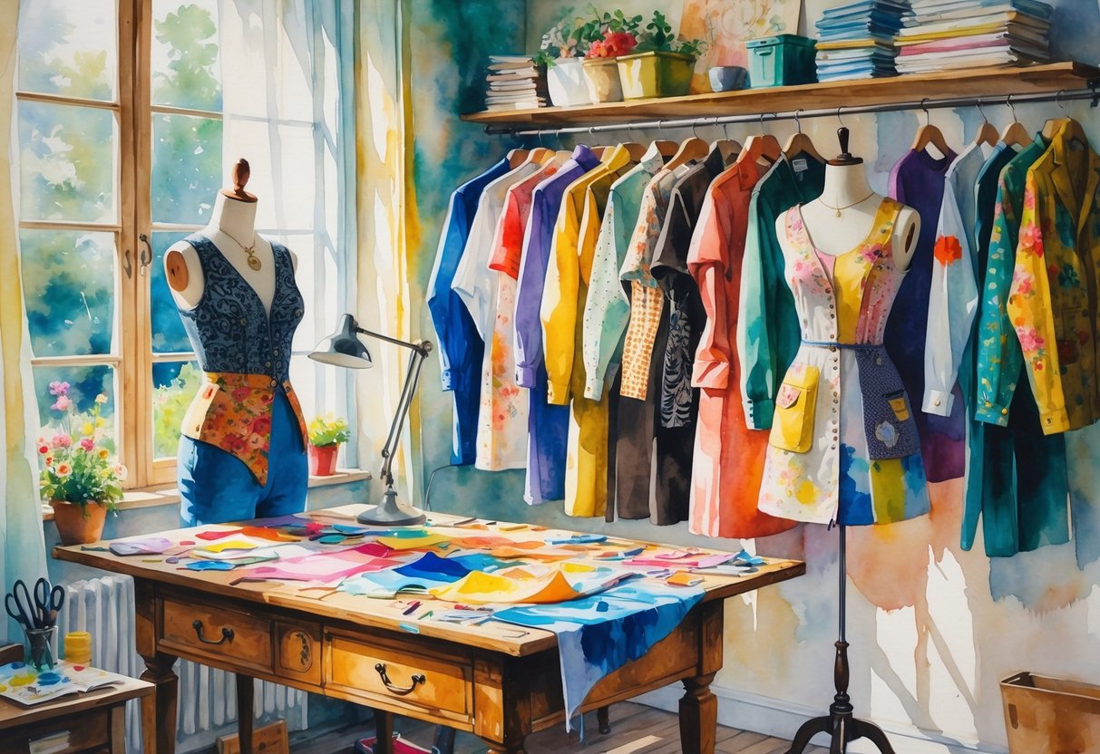 A sunlit room with a sewing table, fabric scraps, sewing tools, a mannequin wearing a transformed outfit, and garments hanging nearby.