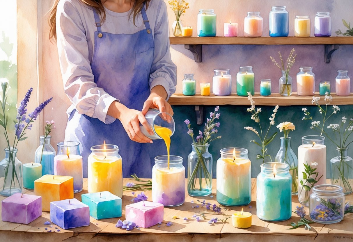 Hands pouring melted wax into a glass jar surrounded by candle-making supplies on a wooden table with shelves of finished candles in the background.