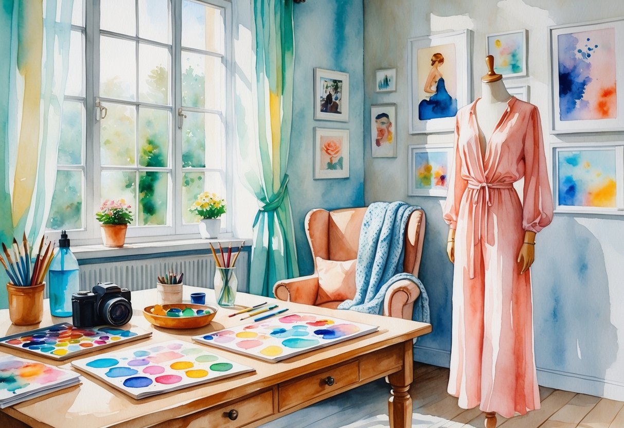 A peaceful room with art supplies, a mannequin in a flowing outfit, and creative materials arranged on a wooden table near a window.