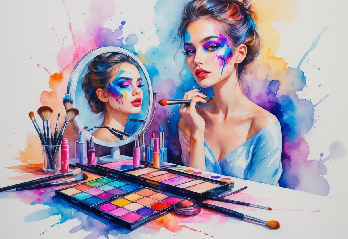 A young model sitting at a vanity mirror with colorful makeup tools and artistic makeup designs on her face.
