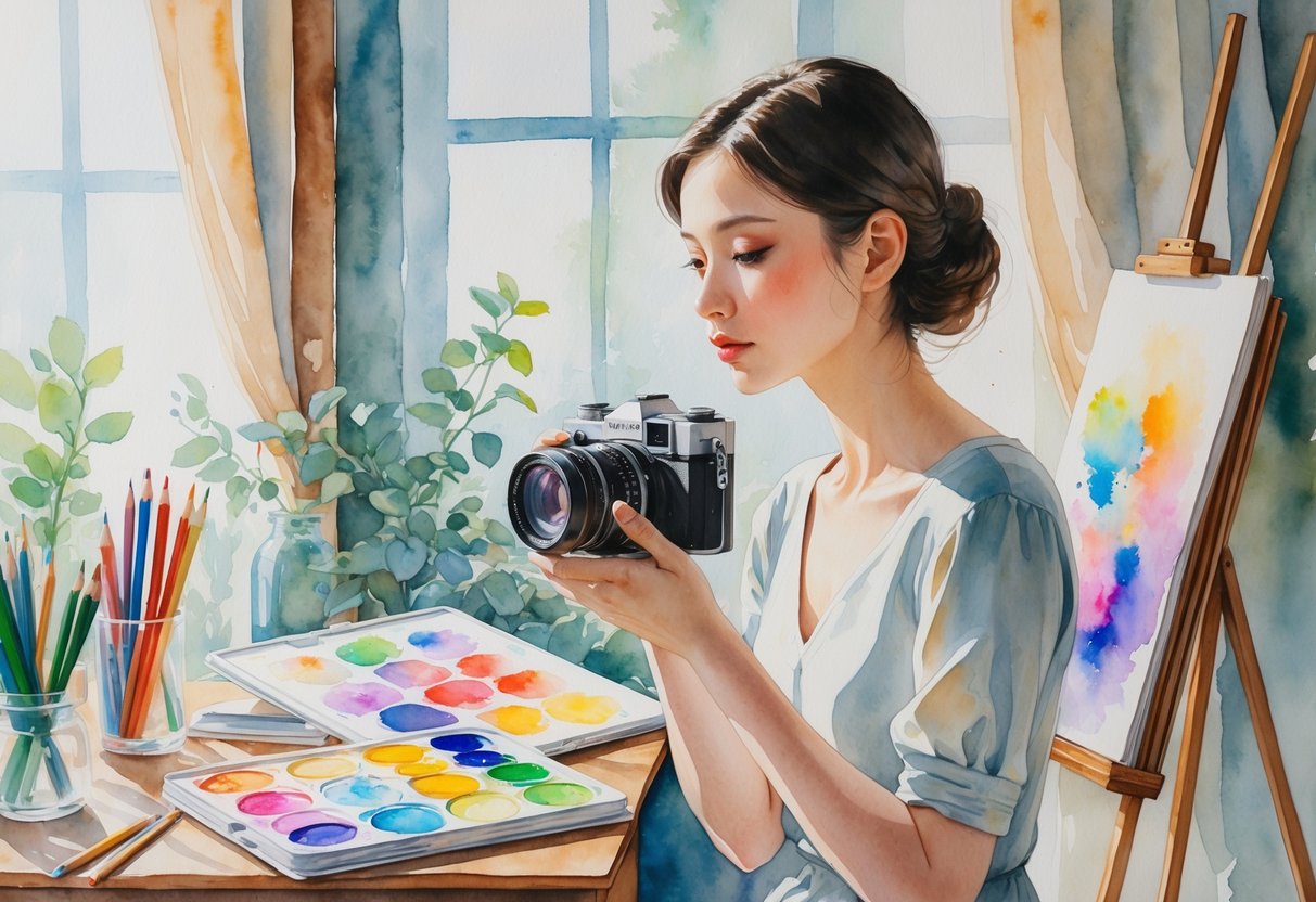 A model holding a vintage camera surrounded by art supplies like a sketchbook, paint palette, and easel in a softly lit room.