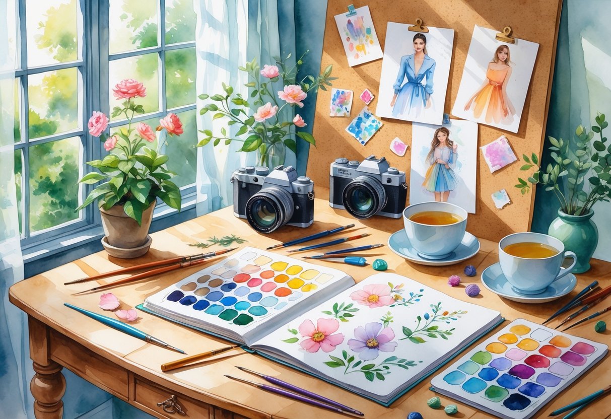 A cozy workspace with art supplies, a sketchbook, knitting materials, a camera, a potted plant, and a cup of tea arranged on a wooden table near a window.