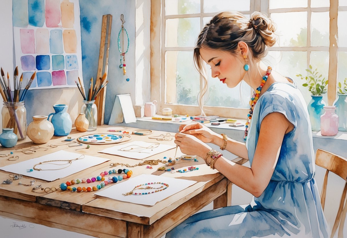A person working at a table filled with beads, threads, and sketches, crafting a custom accessory in a bright, calm workspace.