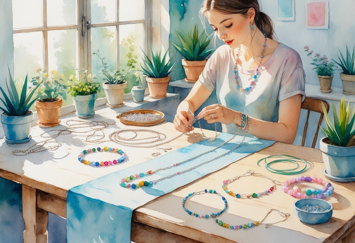 A person sitting at a table making jewelry with beads and tools, surrounded by plants and natural light.