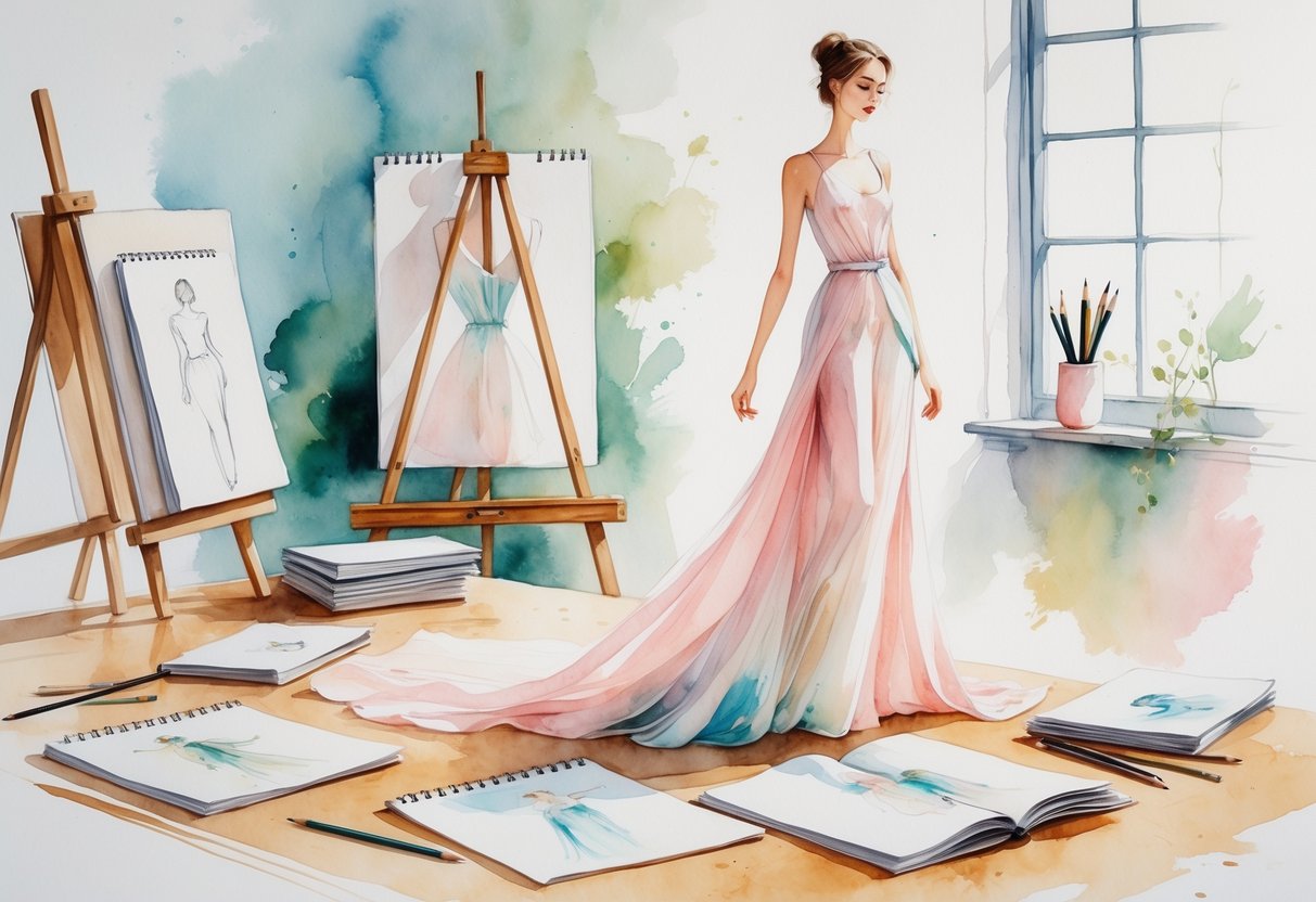 A slender model posing gracefully surrounded by sketchbooks, pencils, and brushes on a wooden table in a cozy studio.