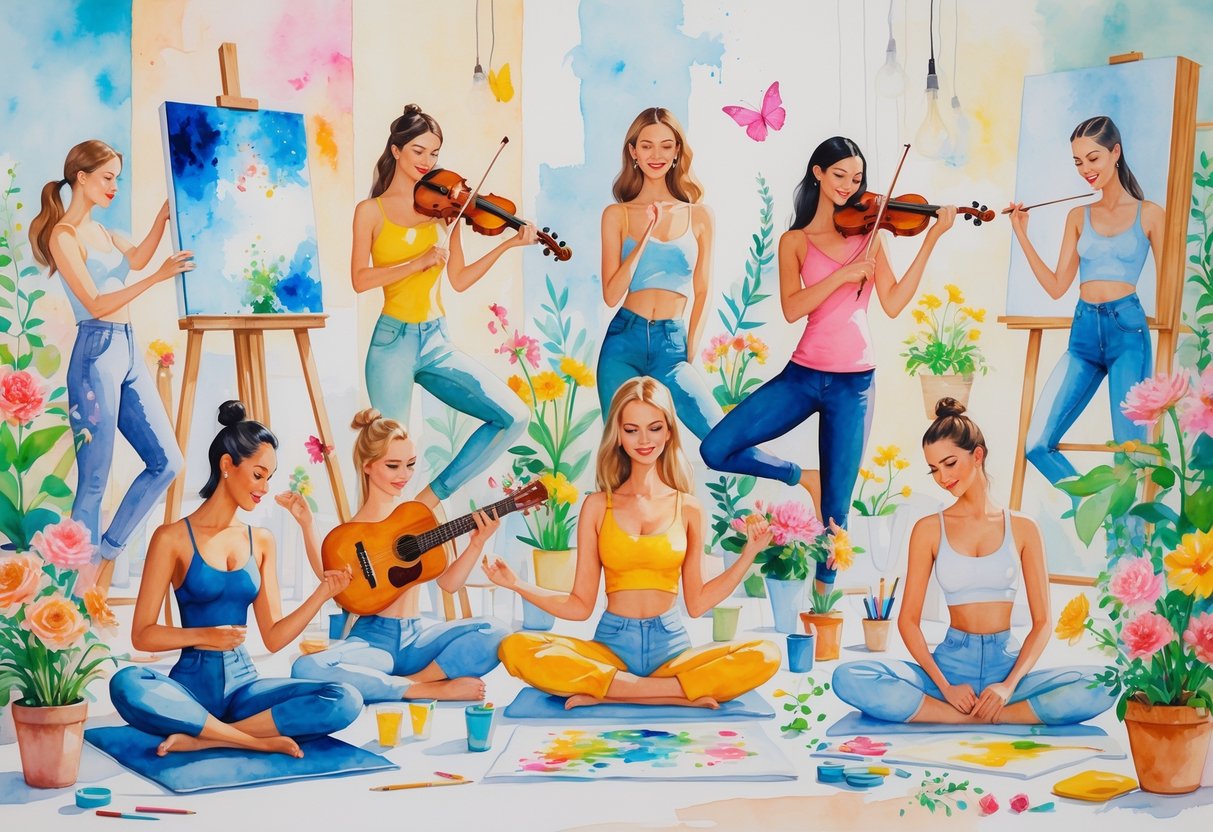 A group of models enjoying different creative hobbies like painting, playing instruments, yoga, gardening, and sketching in a bright, airy studio.