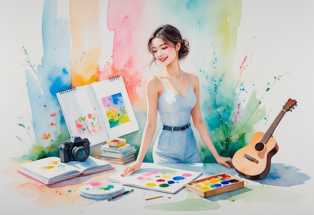A young female model posing surrounded by artistic items like a sketchbook, paint palette, guitar, camera, and books, symbolizing a balance between work and hobbies.