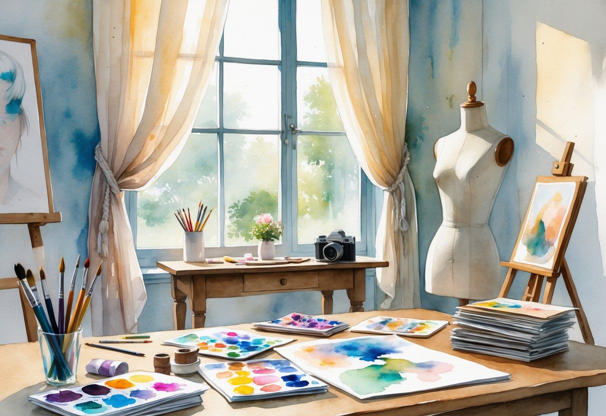 A peaceful creative workspace with art supplies, a mannequin with fabrics, a painting on an easel, and photography items on a wooden table near a window.