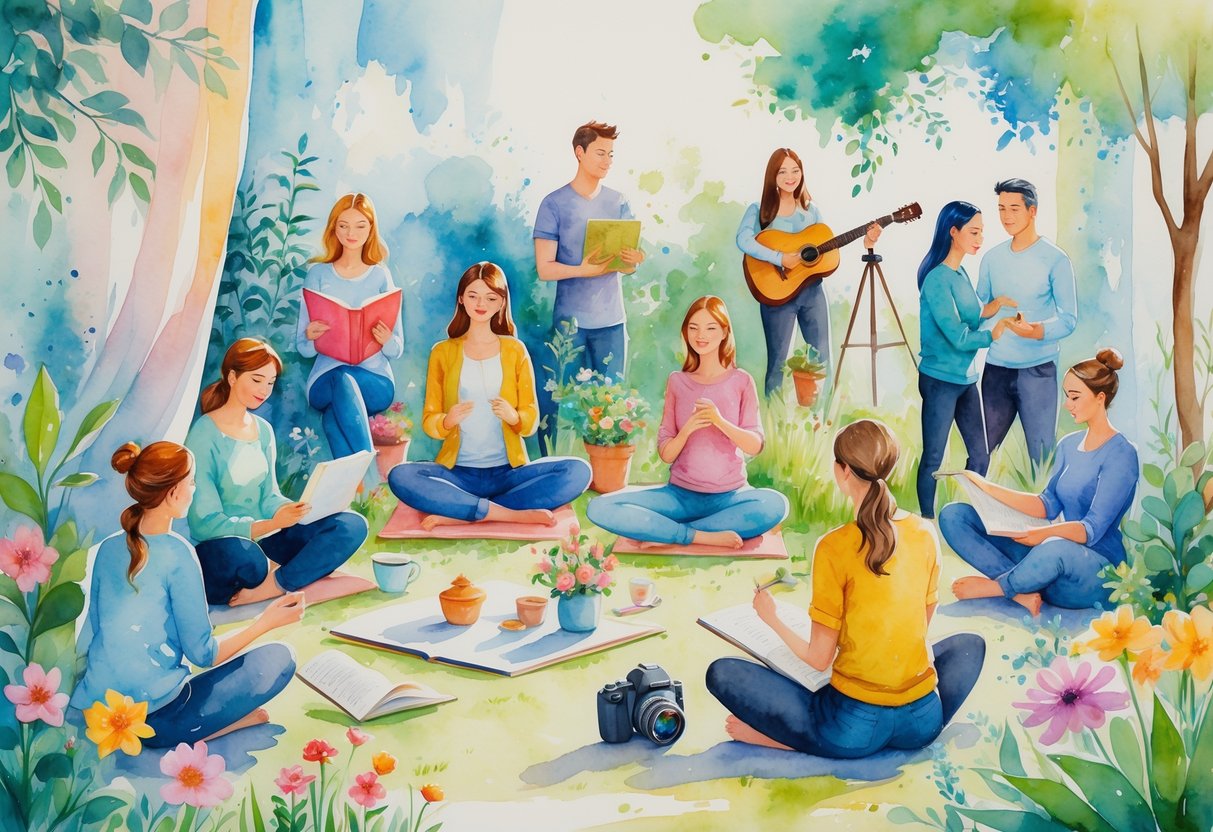 A group of people enjoying various hobbies including reading, yoga, conversation, painting, photography, music, gardening, writing, hiking, and cooking in a peaceful setting.