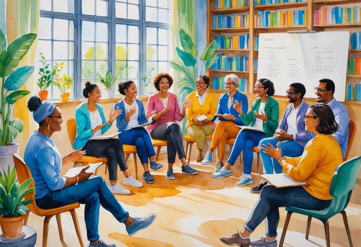 A group of adults actively participating in a storytelling workshop in a bright, inviting room.