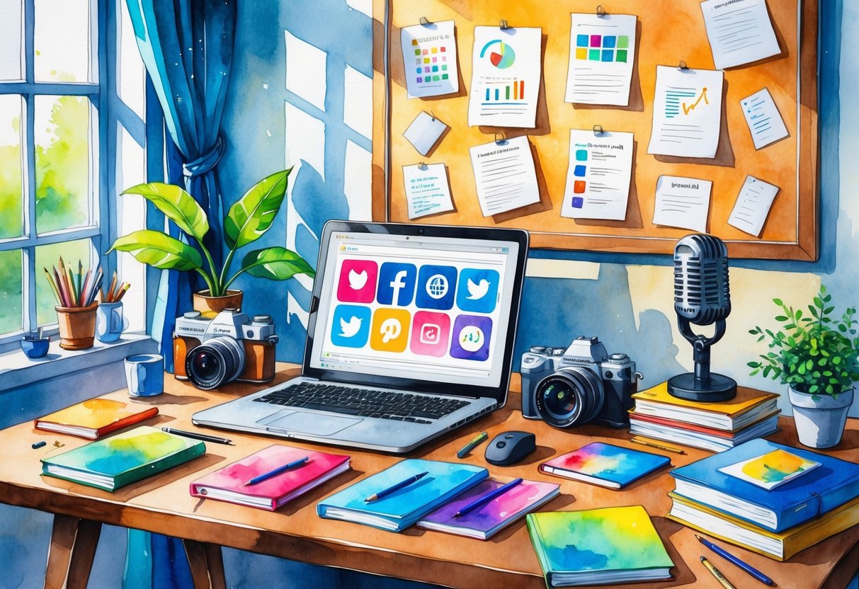 A cozy workspace with a desk holding a laptop, camera, microphone, art supplies, books, and a bulletin board filled with notes and charts.