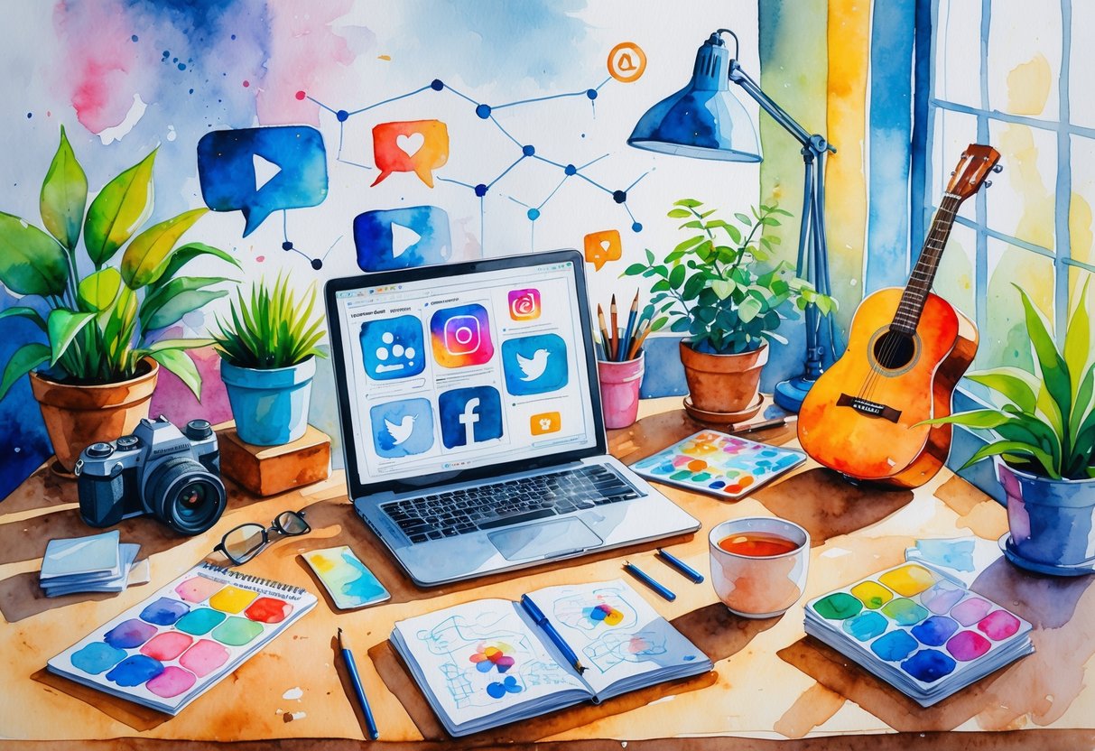 A person sitting at a desk surrounded by art supplies, a guitar, a camera, and a laptop, working in a cozy room filled with plants and natural light.