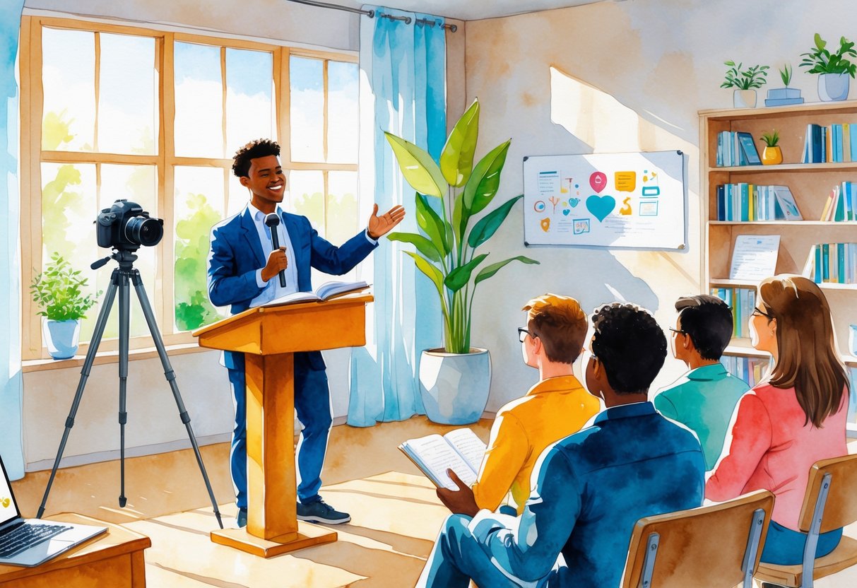 A person practicing public speaking at a podium in a room with an attentive audience and various items representing communication and creativity.