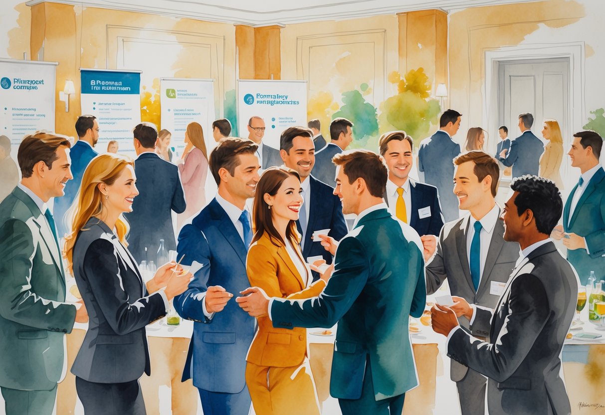 People in a conference room talking, exchanging business cards, and shaking hands during a professional networking event.