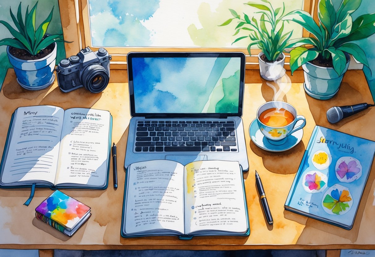 A cozy workspace with an open notebook, a laptop, a cup of tea, and items like a camera, microphone, and sketchpad arranged on a desk near a window.