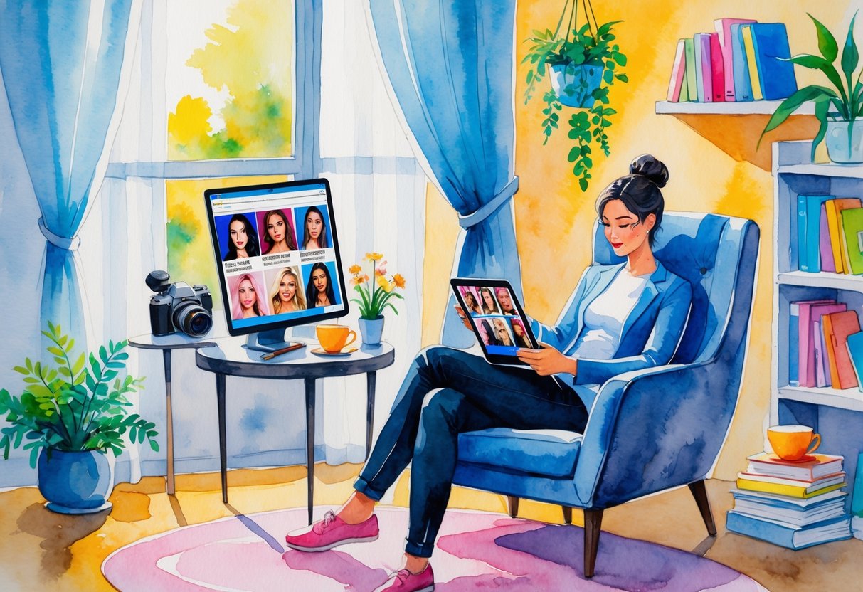 A person sitting in a cozy living room, holding a tablet showing celebrity images, surrounded by items like a camera, journal, smartphone, and books.