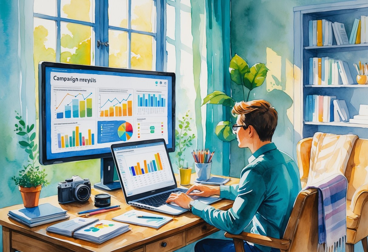 A person watching commercials on a screen while sitting at a desk with notebooks, a laptop, and hobby items like a camera and sketchpad in a cozy room.