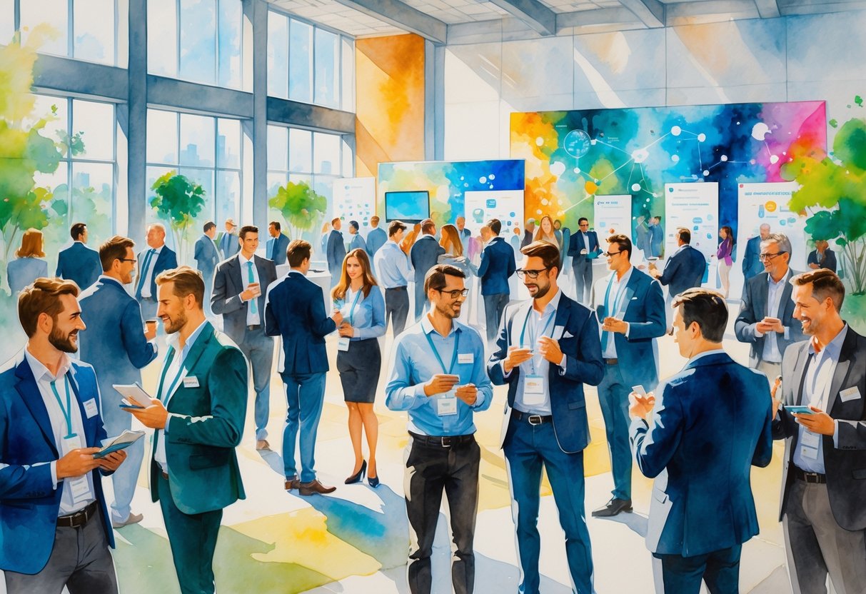 A group of professionals networking and talking at a busy marketing and PR conference in a bright, modern venue.