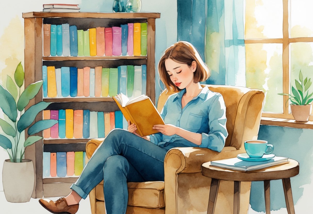A person sitting in a cozy room reading a book with a bookshelf and a cup of tea nearby.