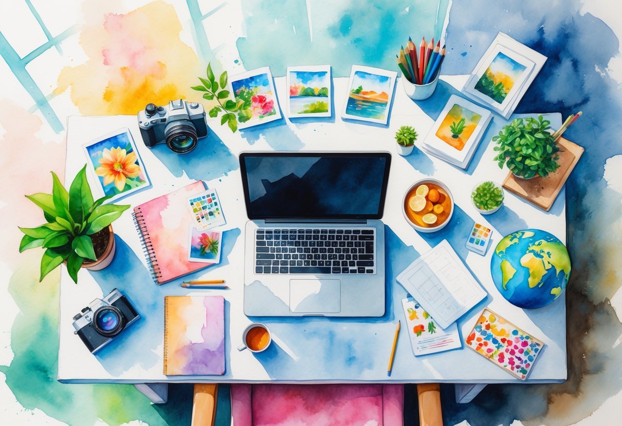 A cozy workspace surrounded by items representing various hobbies like photography, drawing, gardening, fitness, music, reading, cooking, travel, games, and yoga.