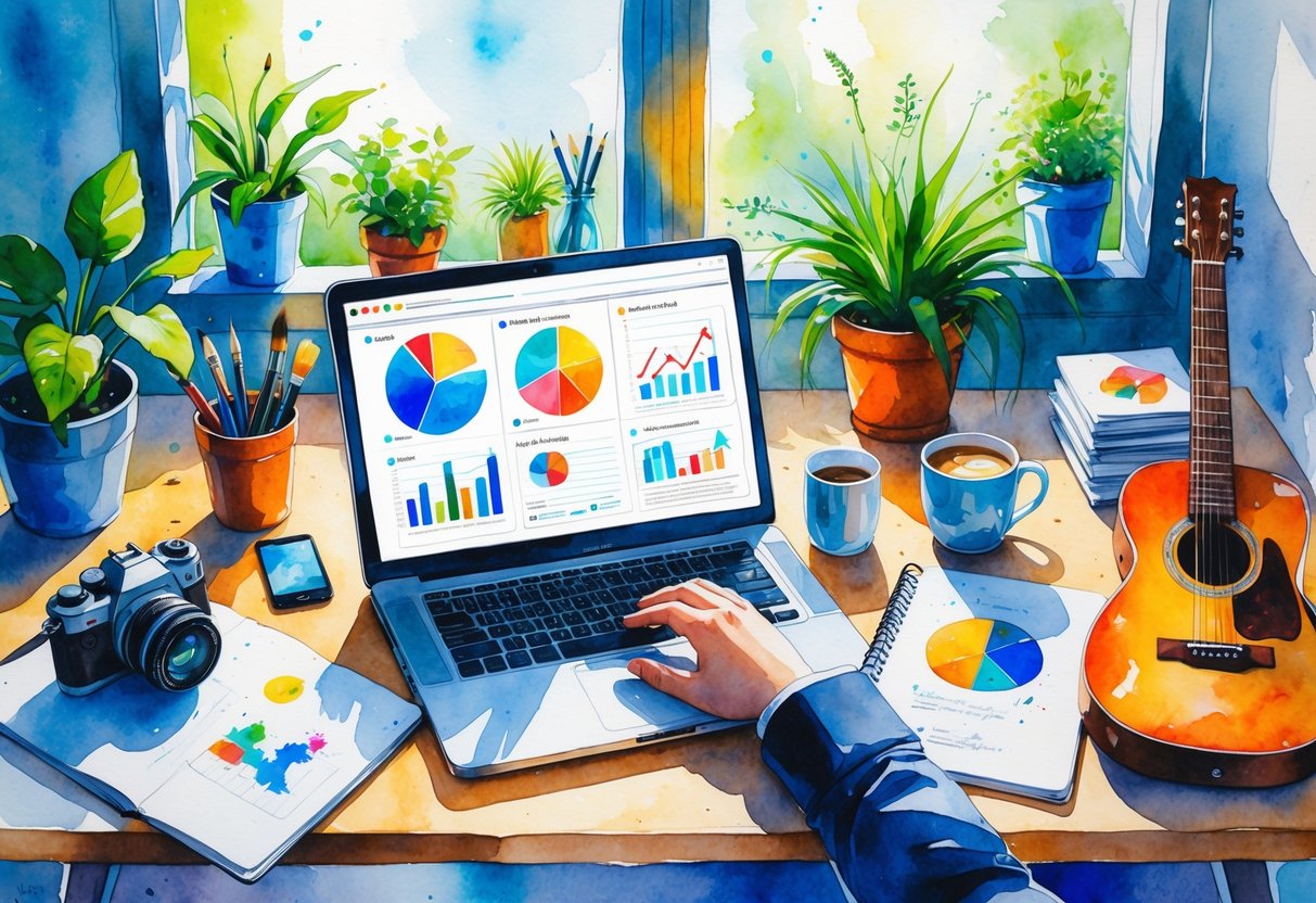 A workspace with a laptop, camera, paintbrushes, guitar, notebook, and plants, symbolizing the blend of hobbies and public relations work.