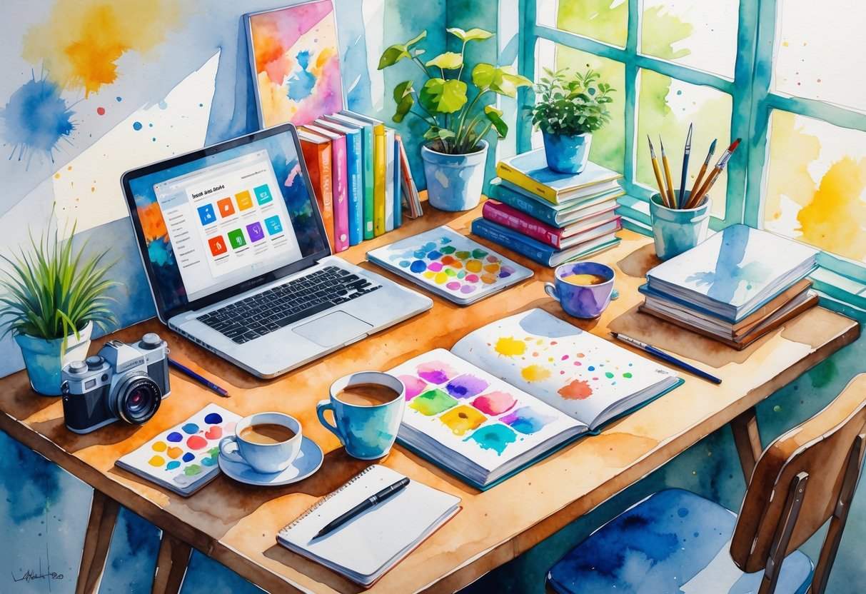 A cozy workspace with a laptop, camera, sketchbook, books, plant, running shoes, yoga mat, paint palette, guitar, cup, and journal arranged together.