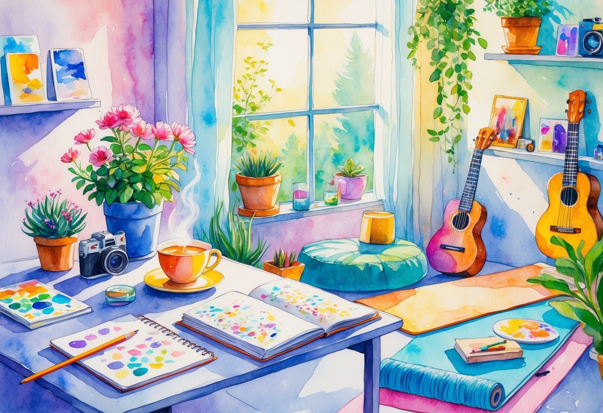 A peaceful room with an event planner surrounded by hobbies like drawing, gardening, drinking tea, reading, yoga, photography, playing music, knitting, painting, and journaling.