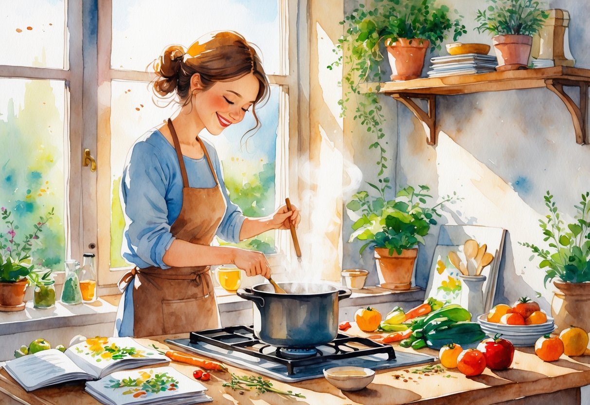 A person cooking in a cozy kitchen with fresh ingredients on the table and sunlight coming through a window.