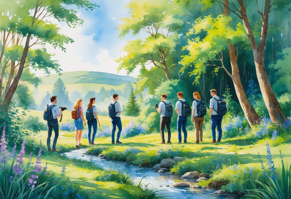 A group of people with cameras exploring a peaceful outdoor landscape with trees, flowers, and a stream.