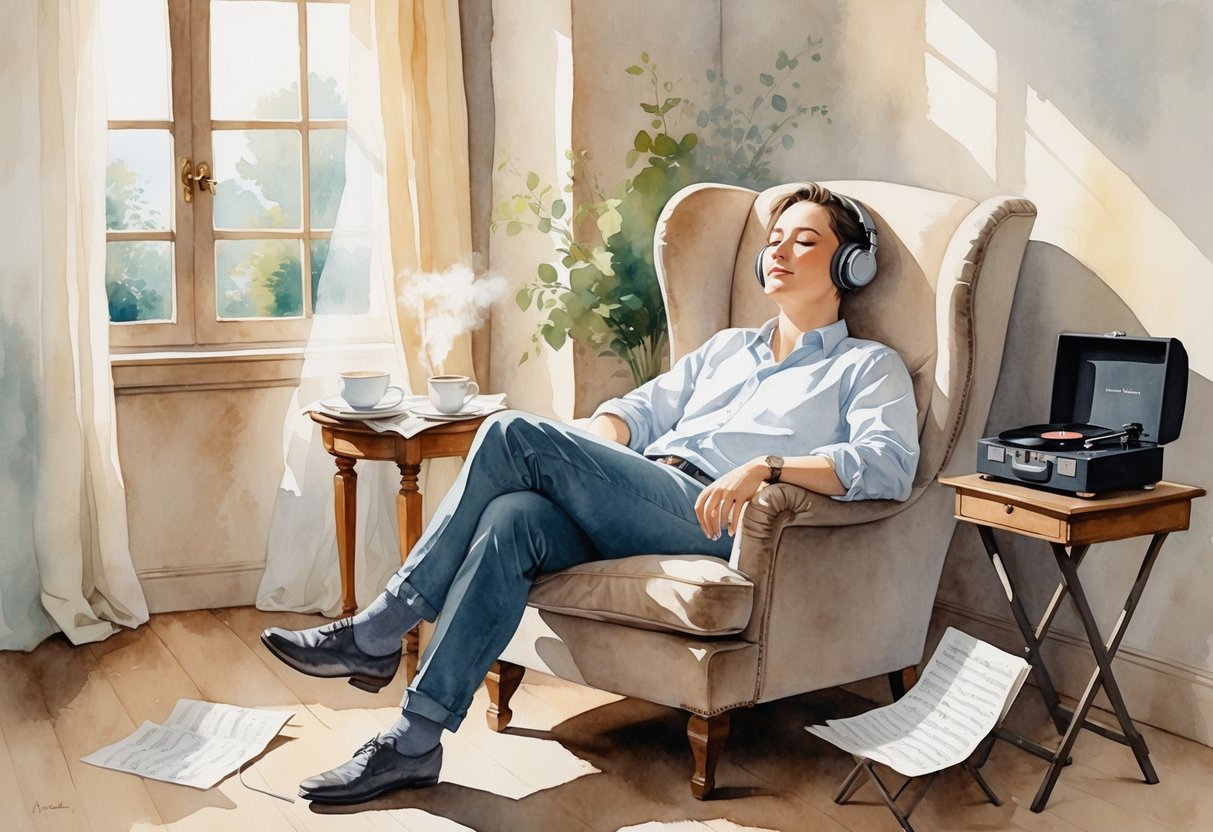 A person sitting in a cozy room wearing headphones, eyes closed, enjoying music with a cup of tea and sheet music nearby.
