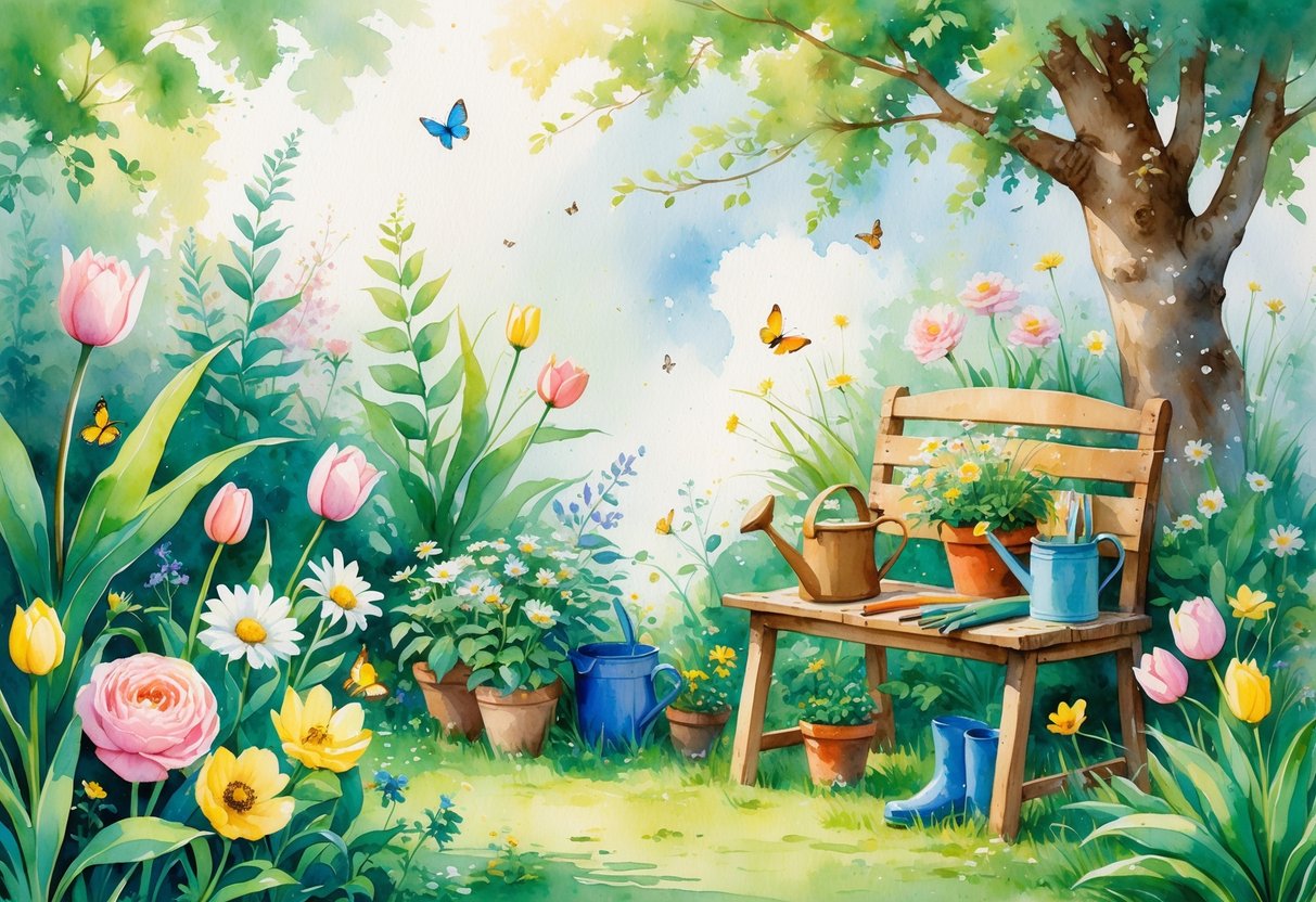 A peaceful garden with blooming flowers, gardening tools on a wooden table, a shaded bench, and butterflies flying around.