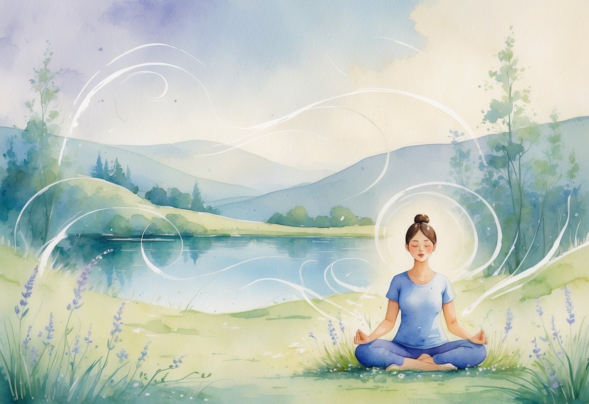 A person sitting cross-legged outdoors on grass surrounded by wildflowers, meditating peacefully with eyes closed, against a background of hills, a lake, and trees.