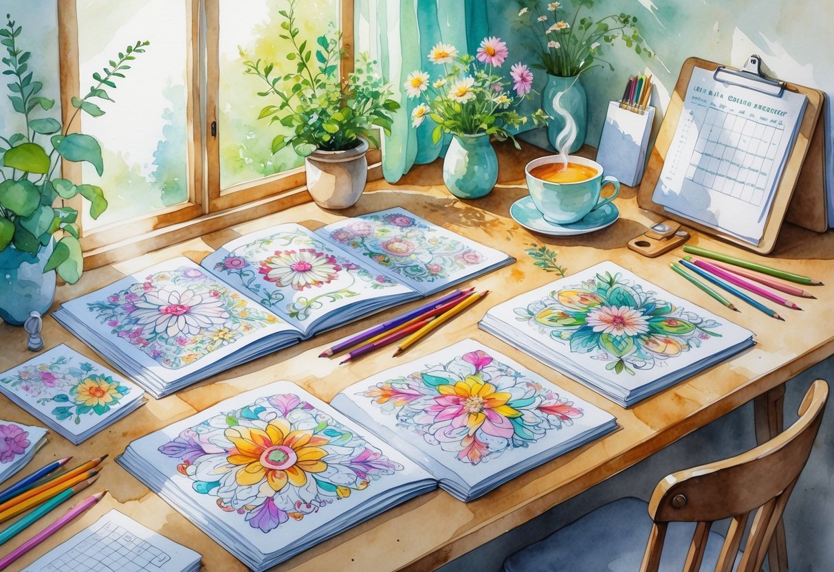A peaceful workspace with open adult coloring books, colored pencils, a cup of tea, a small plant, and event planning tools on a wooden desk by a window.