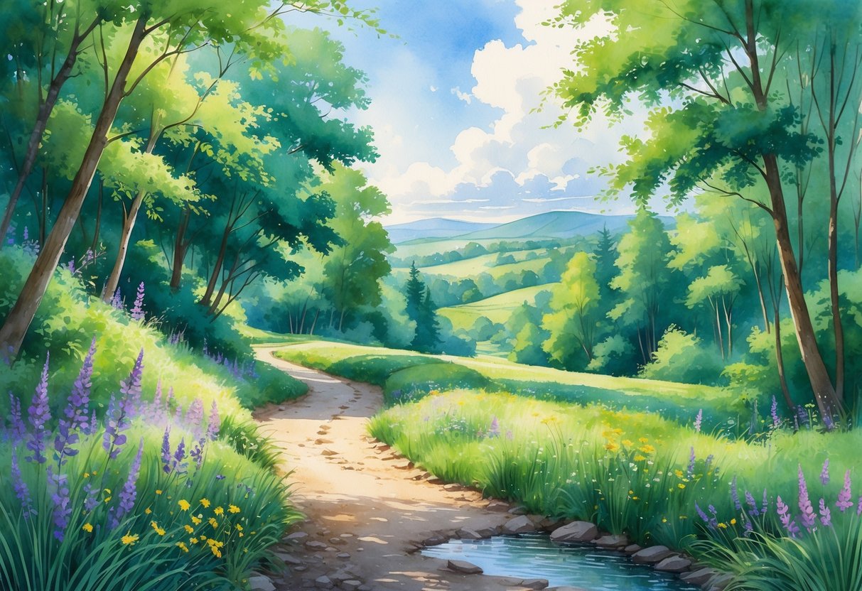 A peaceful forest trail with green trees, colorful wildflowers, a small stream, and distant hills under a blue sky.