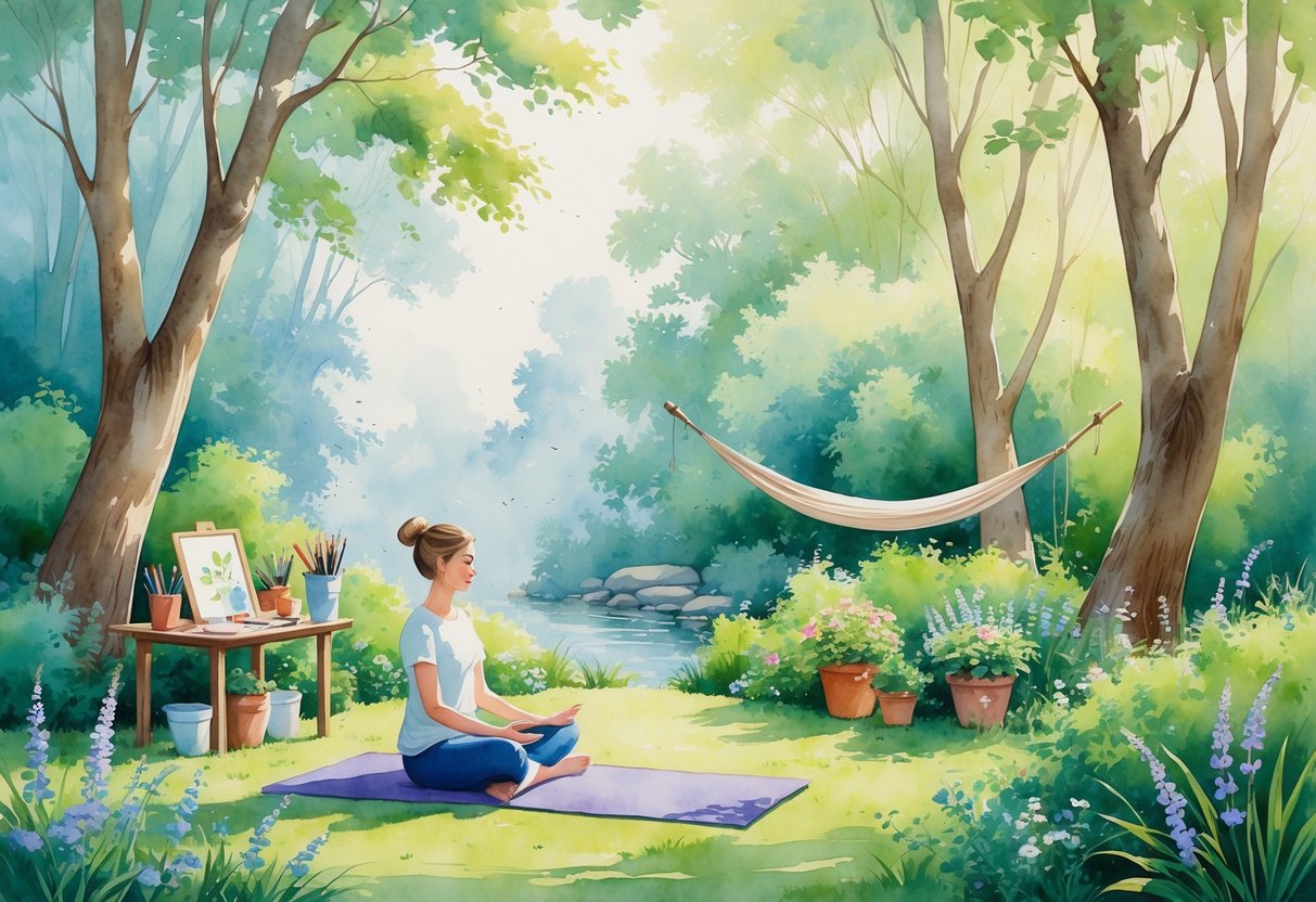 A person meditating outdoors in a garden surrounded by flowers, art supplies, gardening tools, a hammock, and a flowing stream.