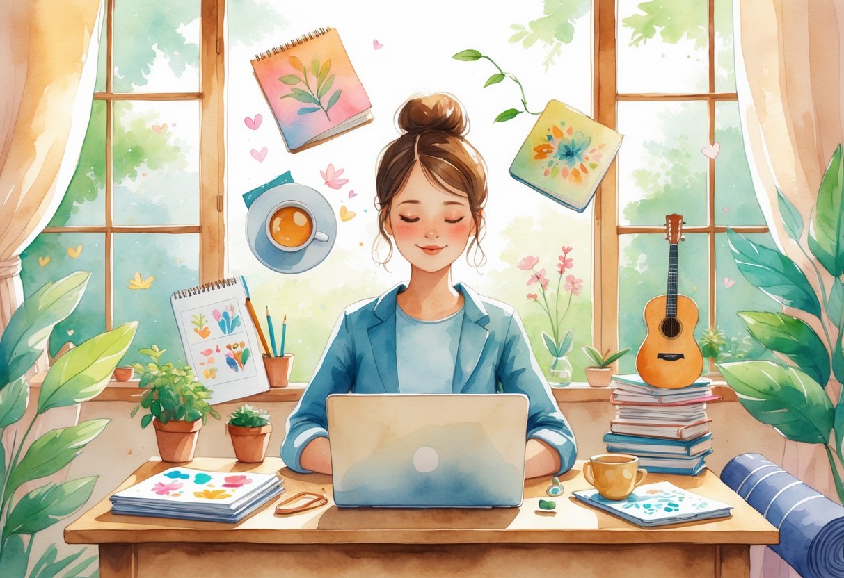 A person sitting calmly at a desk surrounded by items representing hobbies like drawing, gardening, music, knitting, reading, and yoga in a cozy sunlit room.