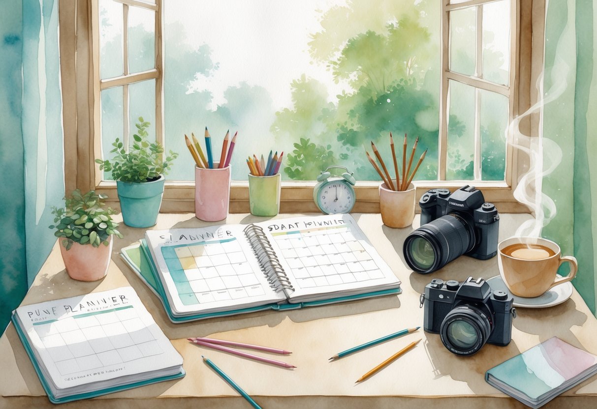 A peaceful workspace with a planner, knitting supplies, a sketchbook, a camera, a potted plant, and a cup of tea near a window with greenery outside.