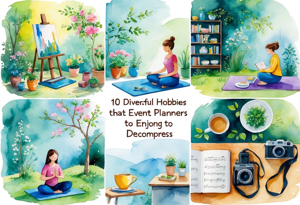 A peaceful scene showing various relaxing hobbies including painting, gardening, yoga, knitting, reading, cooking, playing music, photography, journaling, and walking outdoors.
