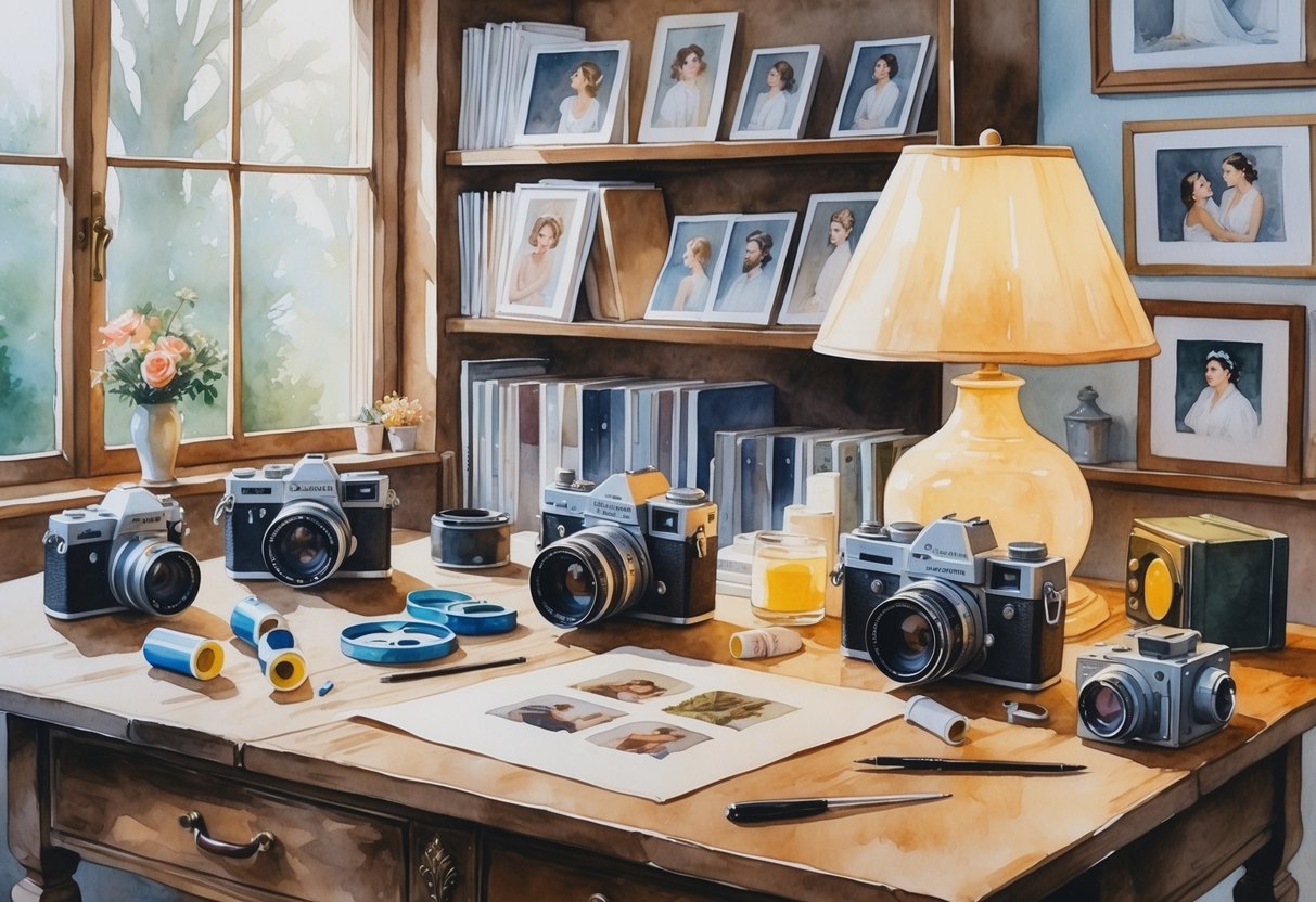 A person sitting at a wooden table surrounded by vintage cameras and photography equipment in a cozy room with shelves of photo albums and framed pictures.