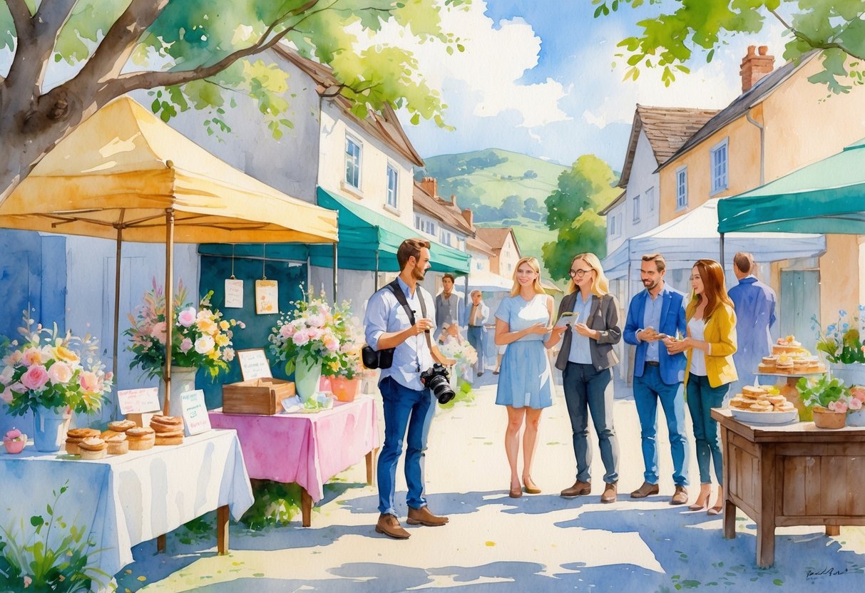A wedding photographer talking with local vendors at an outdoor market with stalls of flowers, baked goods, and photography gear, surrounded by trees and small buildings.